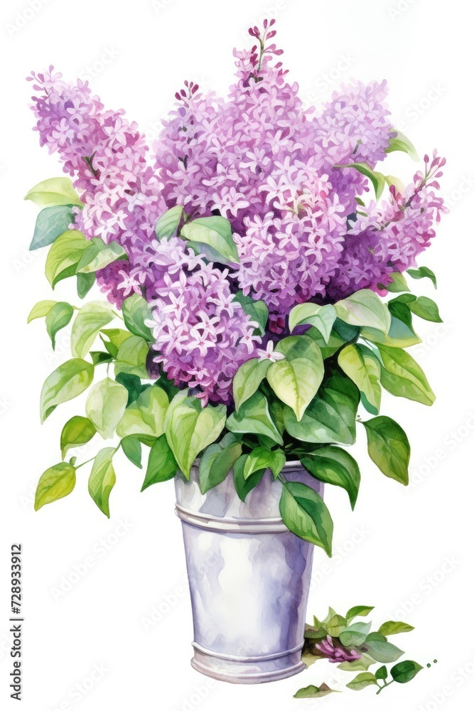 Bouquet of lilacs in a flower pot on a white watercolor background