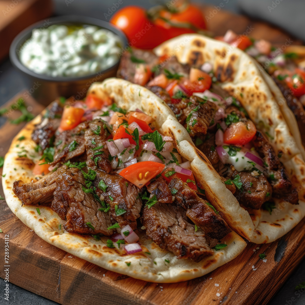 Street Food Delight: Juicy Gyros with Tzatziki and Pita Street Food Delight: Juicy Gyros with Tzatziki and Pita