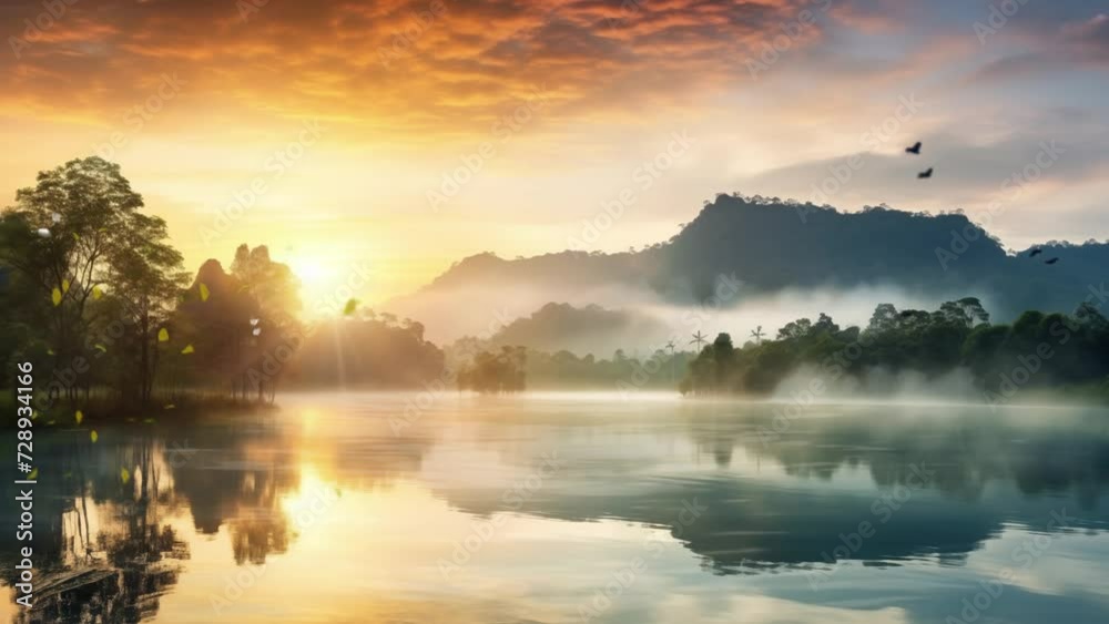 beautiful nature background. panoramic view of sunrise over the lake. seamless looping overlay 4k virtual video animation background beautiful nature background. panoramic view of sunrise over the lake. seamless looping overlay 4k virtual video animation background