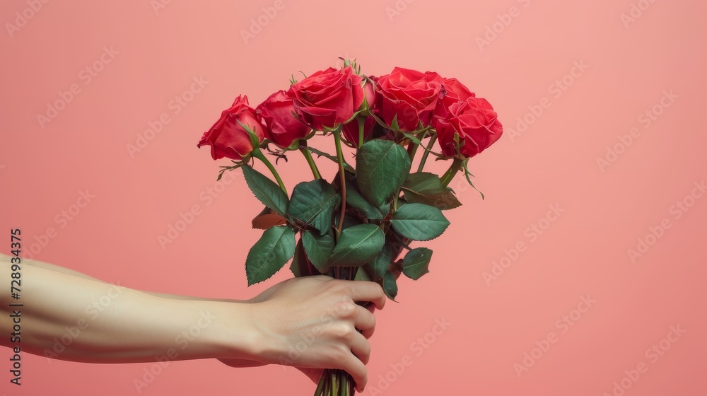 A hand holding a bouquet of beautiful red roses came out. Roses create a dramatic contrast to the background. This gesture conveys the beauty of the gift. Reminiscent of happiness and warmth.