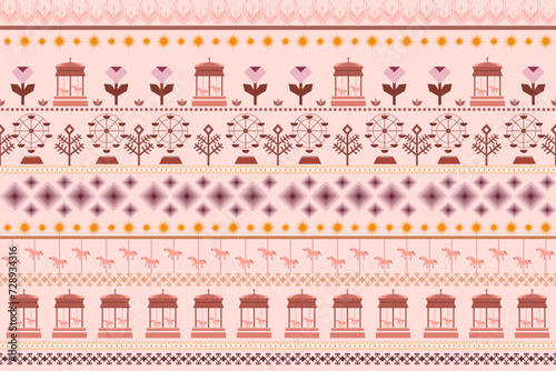 Ethnic geometric sweet pastel tulip flower, trees, sun, carousel, Ferris wheel on beige background. Bohemian style design for fabric, clothing, texture, embroidery, elements, ornament, wallpaper