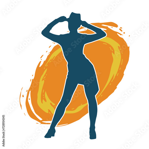 Silhouette of a female cabaret dancer in action pose. Silhouette of a fancy outfit woman dancing happily.