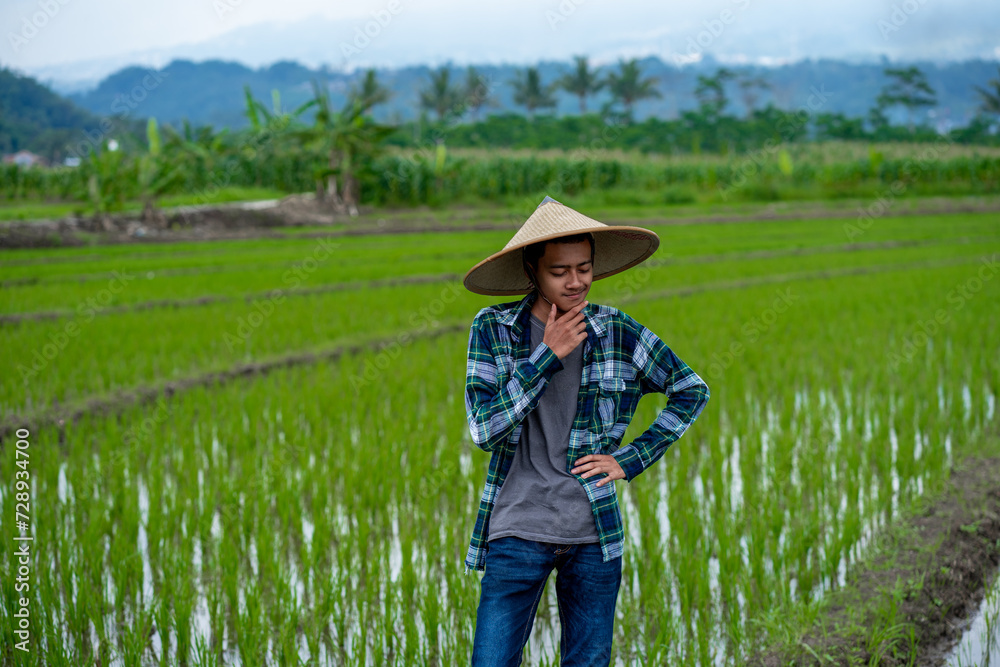 Young asian farmer man pose happy with smilling face at a green rice farm Young asian farmer man pose happy with smilling face at a green rice farm