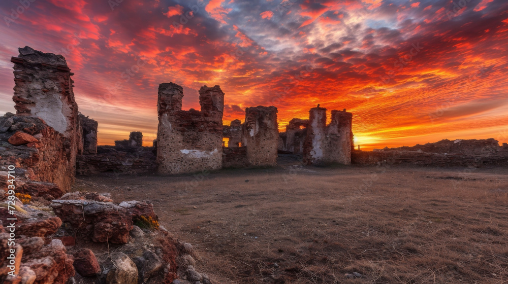 Underneath the vibrant colors of a sunset sky the ruins of an old fort are a striking sight.