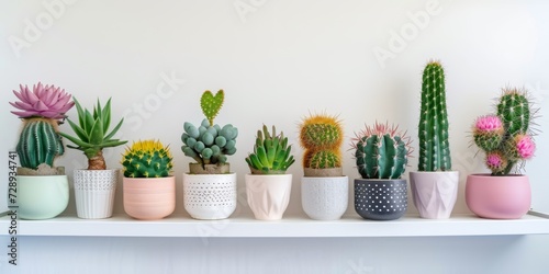 Collection of cactus plants in different colorful pots. Potted house plants on white shelf at home