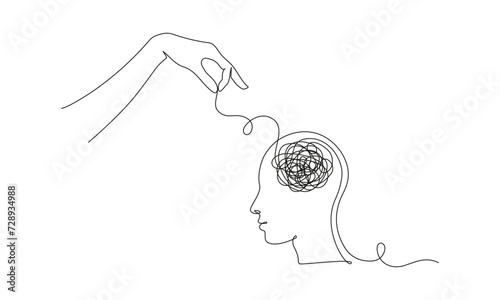 Continuous one line drawing of mental health concept. Symbol of confused thoughts and problems and psychologist helping to untangle the knot in simple linear style. Doodle Vector illustration