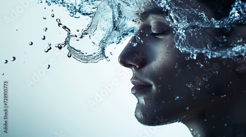 Face of a calm man with water splashing around him harmoniously. Male face with freshness, hydration and natural beauty of skin care. photo