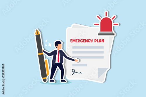 Create business emergency plan, disaster checklist for biz continuity and resilience. concept, smart businessman leader holding pencil with paper of emergency plan flashing siren.