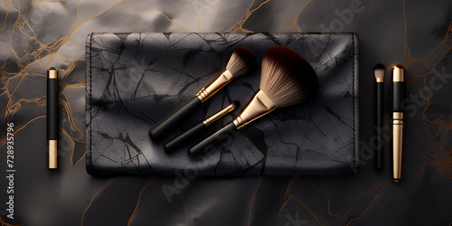 Make up brush on eye shadow palette closeup. Selective focus. Set of makeup brushes in a black leather case, which are depicted. photo