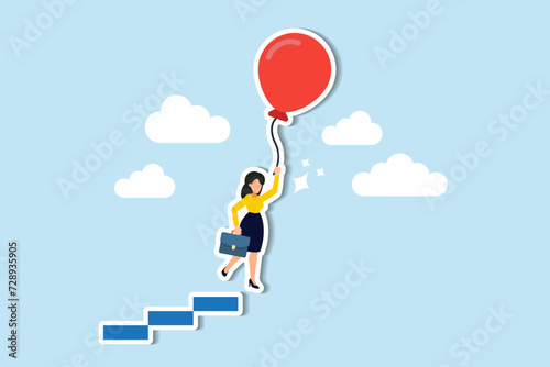 Empowered women leaders Breaking boundaries, overcoming struggles, embracing freedom, and seizing opportunities concept, success businesswoman flying with air balloon from top of ladder or stairway. photo
