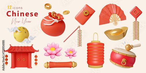 3d Chinese New Year Elements icon set. 3d rendering illustration. Clipping path.
