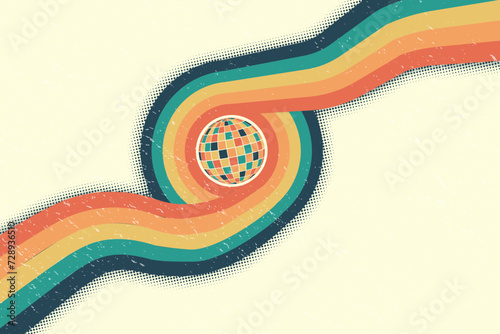 Disco ball and colorful ribbons. Groovy colors. Template for postcard, poster, banner. Clockwork elements in retro hippie style of 70s. Vector illustration