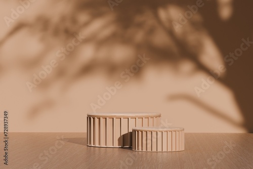 Fototapeta Naklejka Na Ścianę i Meble -  Minimal abstract luxury wood podiums block for product presentation with empty stage for nature, organic, spa, health, cosmetic, beauty, Sunshade shadow on beige and shadows of tree leaves 3d render.