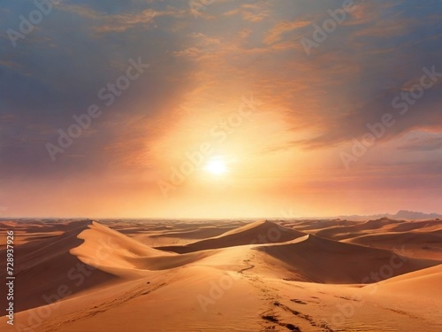 desert landscape, with sunrise light in the background. design for poster, web, flyer, social media. ai generative design © Firly
