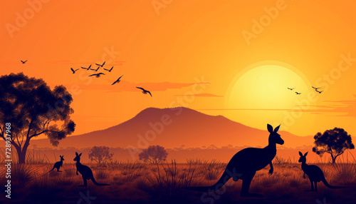 Australian outback scene at sunset, featuring the silhouettes of kangaroos and birds against a vibrant orange sky