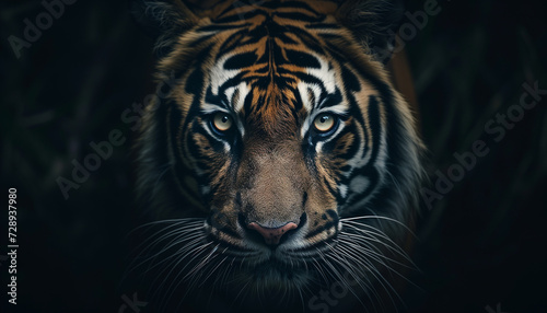 a close-up, intense portrait of a tiger's face, showcasing its piercing eyes, striped fur, and sharp whiskers with a deep, dark jungle background