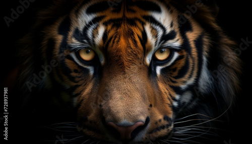 close-up of a tiger s face  with a deep focus on its intense eyes and striking striped fur  emerging from the shadows