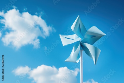 paper windmill on blue sky background. Generative AI.