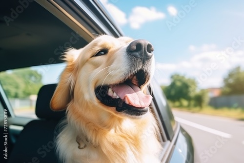 Head of happy lap dog looking out of car window enjoying road trip. Generative AI.