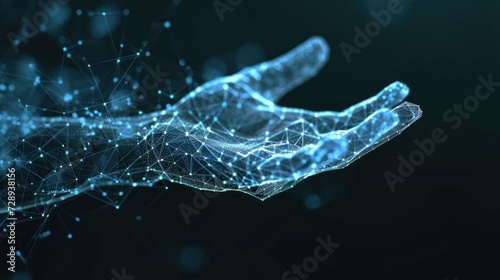 Hologram of a glowing polygonal of interconnected lines humanoid robotic hand. Generative AI.