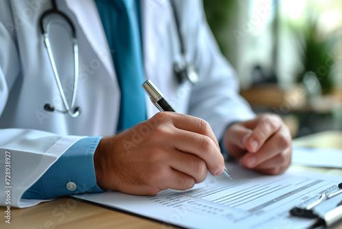 With a practiced hand, a doctor diligently fills out a medical form, carefully documenting a patient's history, symptoms, and treatment plan, ensuring the utmost care and attention to detail. photo