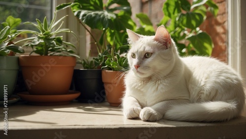 A white cat lounging in a sunlit window surrounded by potted plants Generative AI