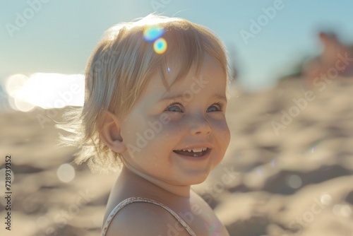 Portrait of a little girl on the beach in the rays of the setting sun