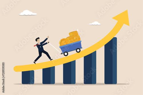 Investment growth, wealth management, passive income or harvest profit or dividend, earning money or prosperity concept, smart entrepreneurs bring a lot of coins to the rising charts.