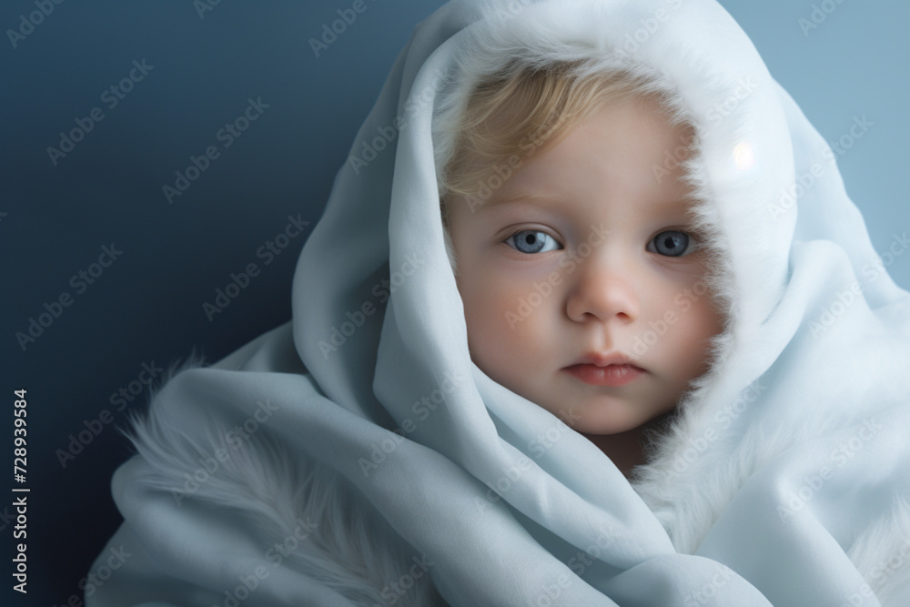 Retrato de un tierno bebe rubio cubierto con una manta blanca en un fondo azul gris neutro Retrato de un tierno bebe rubio cubierto con una manta blanca en un fondo azul gris neutro