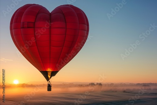 Hot air balloon in the shape of a heart against the background of the morning fog