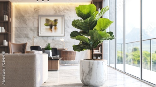 Clean lines and a pop of green contrast against a white marble planter housing a striking fiddle leaf fig tree elevating the aesthetic of the office.