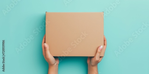 Top view to female hands holding empty brown cardboard box on light blue background. Mockup parcel box. Packaging, shopping, delivery concept photo