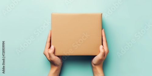 Top view to female hands holding empty brown cardboard box on light blue background. Mockup parcel box. Packaging, shopping, delivery concept