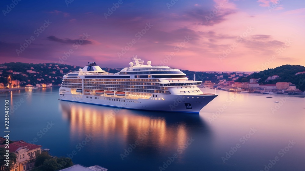Luxury Cruise Ship Sailing into Harbor at dusk. generative ai
