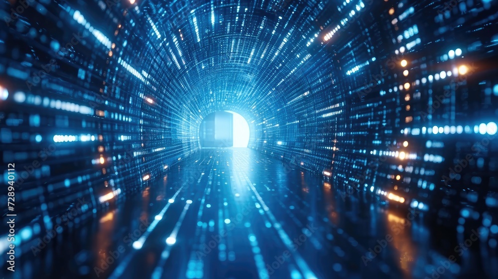 Abstract concept of blue tunnel with computer number matrix code. big data information internet storage connection server in a tech company. Generative AI. Abstract concept of blue tunnel with computer number matrix code. big data information internet storage connection server in a tech company. Generative AI.