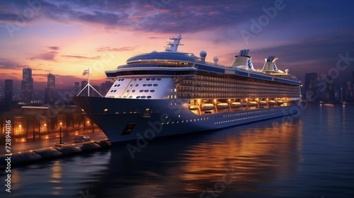 Luxury Cruise Ship Sailing into Harbor at dusk. generative ai