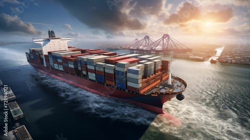 Aerial view of a large container cargo ship being loaded across the ocean. generative ai photo