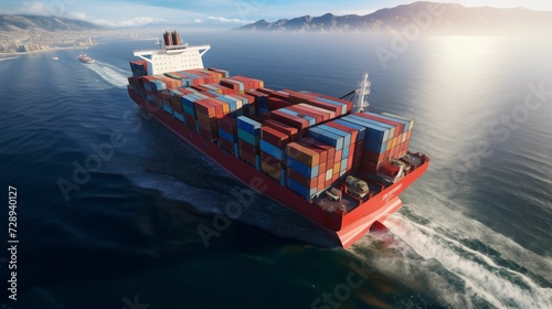 Aerial view of a large container cargo ship being loaded across the ocean. generative ai