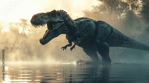 The imposing silhouette of a Tyrannosaurus Rex emerging from the misty swamp its mive jaws open in a fearsome roar.
