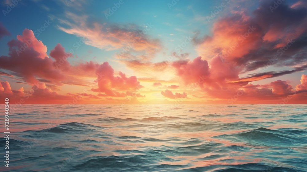 Panoramic view of the sea with a beautiful sunset just above the horizon. generative ai