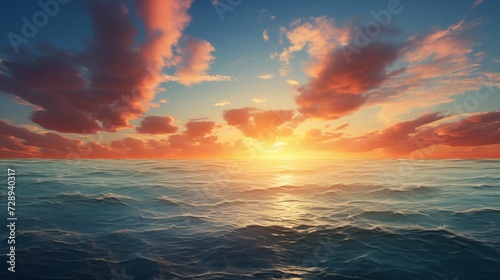 Panoramic view of the sea with a beautiful sunset just above the horizon. generative ai