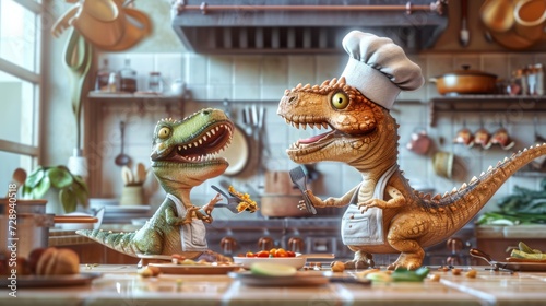 In the midst of all the chaos a mother TRex chef can be seen scolding her misbehaving baby whos playing with the kitchen utensils while a Pterodactyl chef giggles in the background. photo