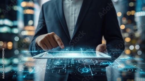 Businessman holding smart tablet screen in hands analyzing the world economy stock market. Generative AI.