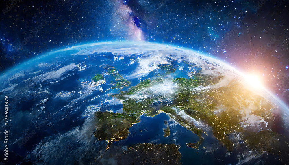 Obraz premium 宇宙空間と地球と太陽のイメージ素材。Image material of outer space, earth and sun.