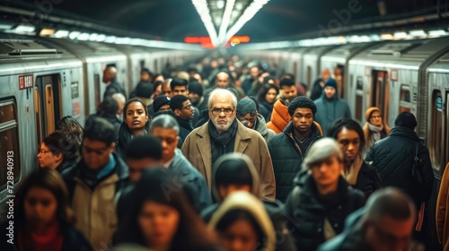 A big crowd of people in the subway metro in rush hour on their way home driving with trains. in the evening after work day. Generative AI.