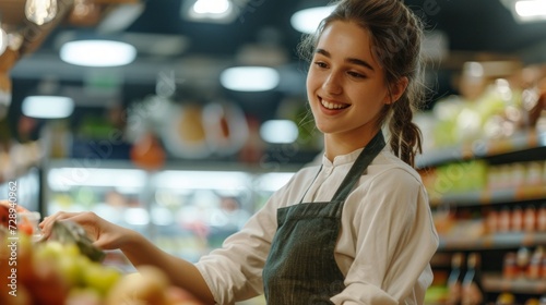 Portrait of a beautiful young woman in apron standing in supermarket and smiling.