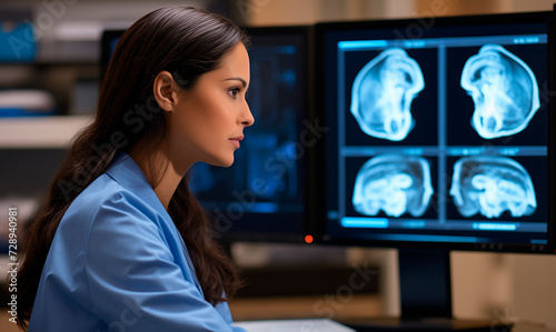 A woman craniotomy specialist studies and analyzes the cranial tomography sitting next to the monitors. skull x-ray