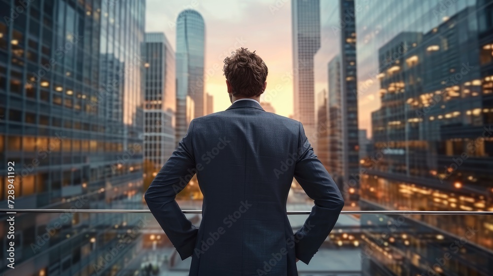 Businessman standing with his back on a balcony in front of a tall skyscraper building in a modern city. Generative AI. Businessman standing with his back on a balcony in front of a tall skyscraper building in a modern city. Generative AI.