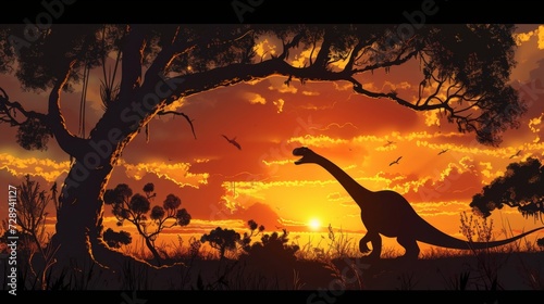 A towering Mamenchisaurus peacefully forages on lowhanging branches its long neck creating an elegant silhouette against the setting sun. © Justlight