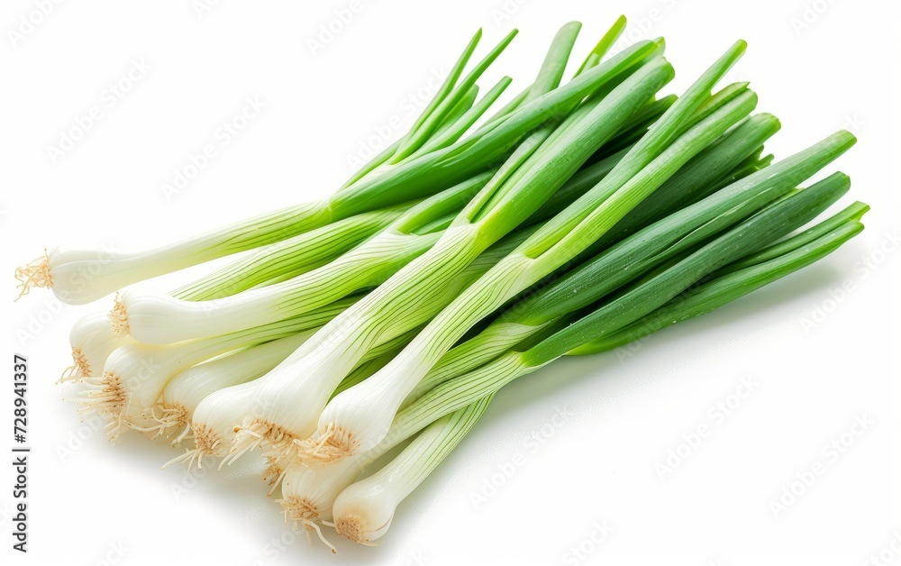 Fresh spring onions elegantly arranged on a clean white background. This composition emphasizes the green stems and white heads of the onions. and appetizing Fresh spring onions elegantly arranged on a clean white background. This composition emphasizes the green stems and white heads of the onions. and appetizing
